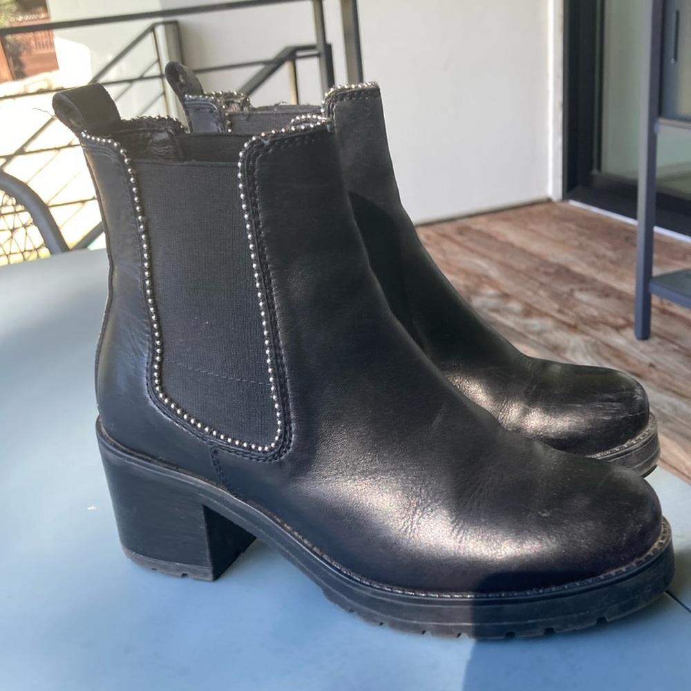 Black Leather Chelsea Booties with Lug Sole